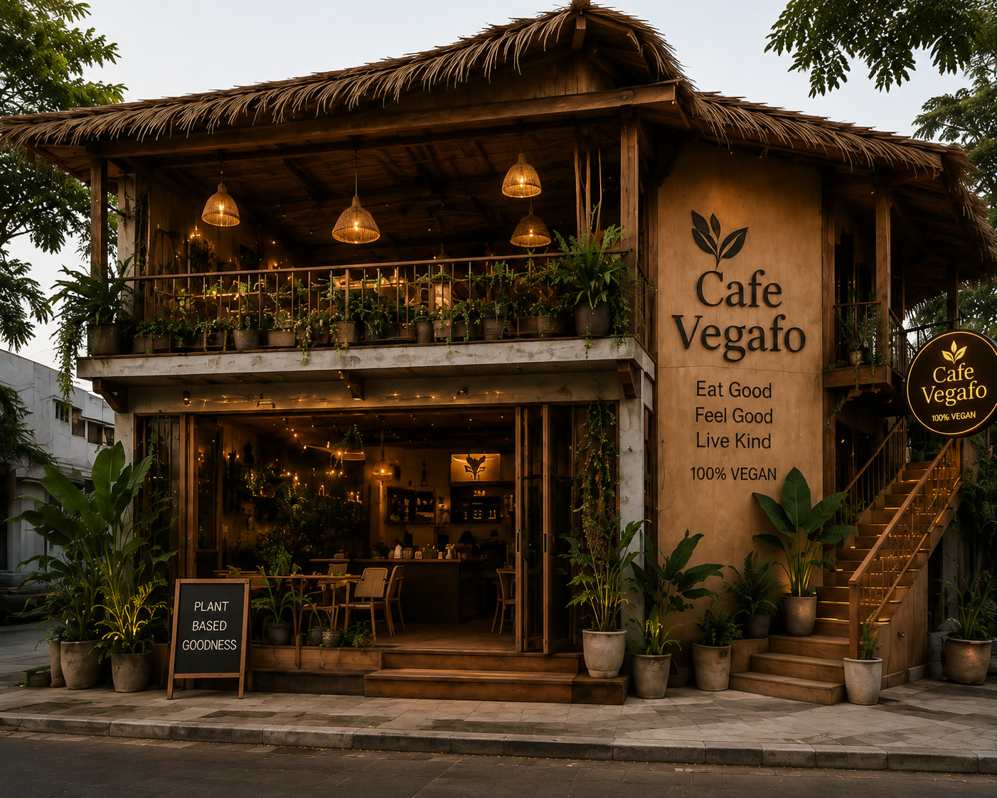 The VEGAFO café building with warm gold signage, natural wood and botanical detailing